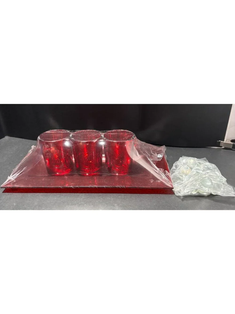 Red Glass Tealight Holder Set With Tray & Decorative Stones 3pc Holiday Festive